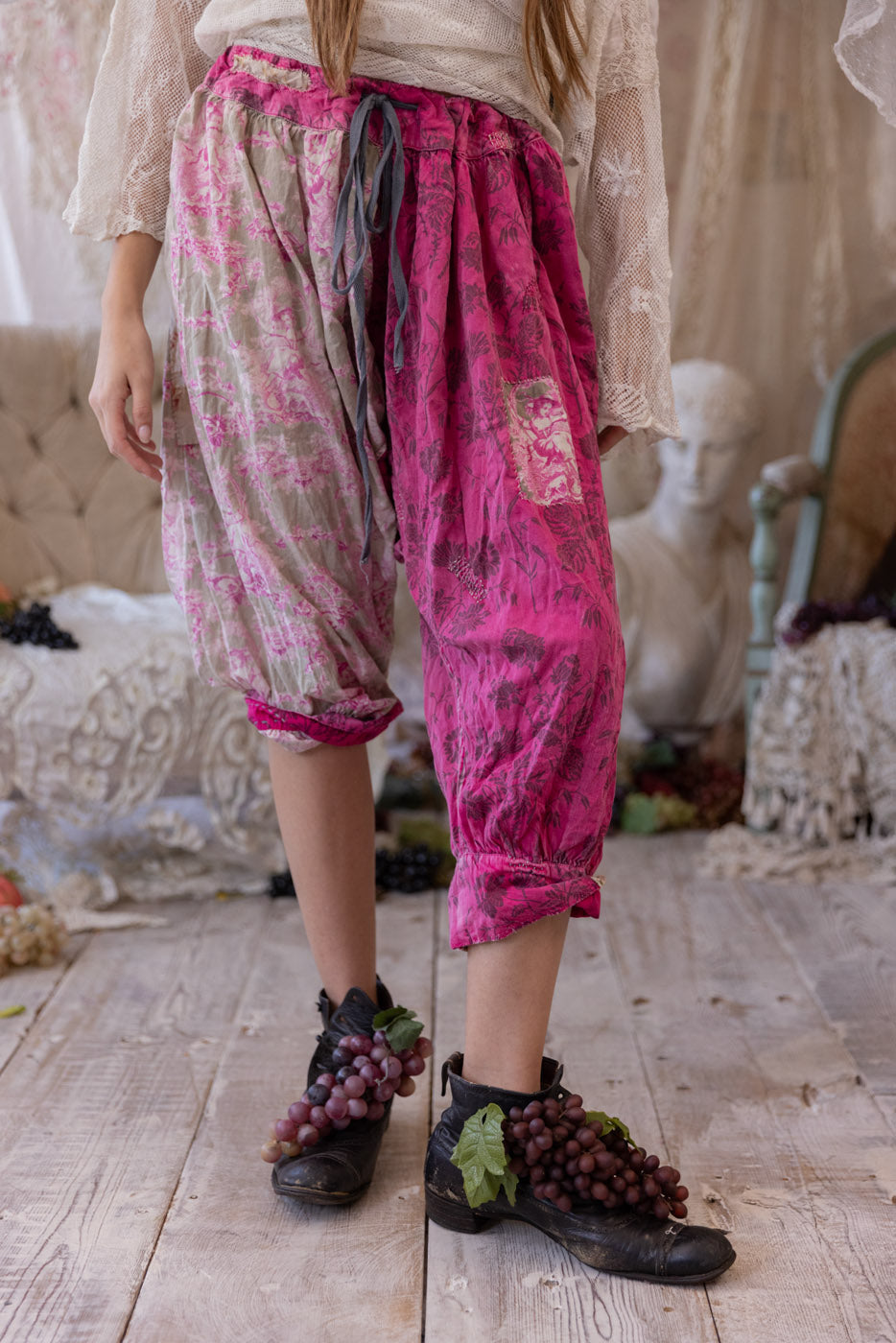 Magnolia Pearl artisan bloomers in pink patchwork vintage style, whimsical grapes on shoes