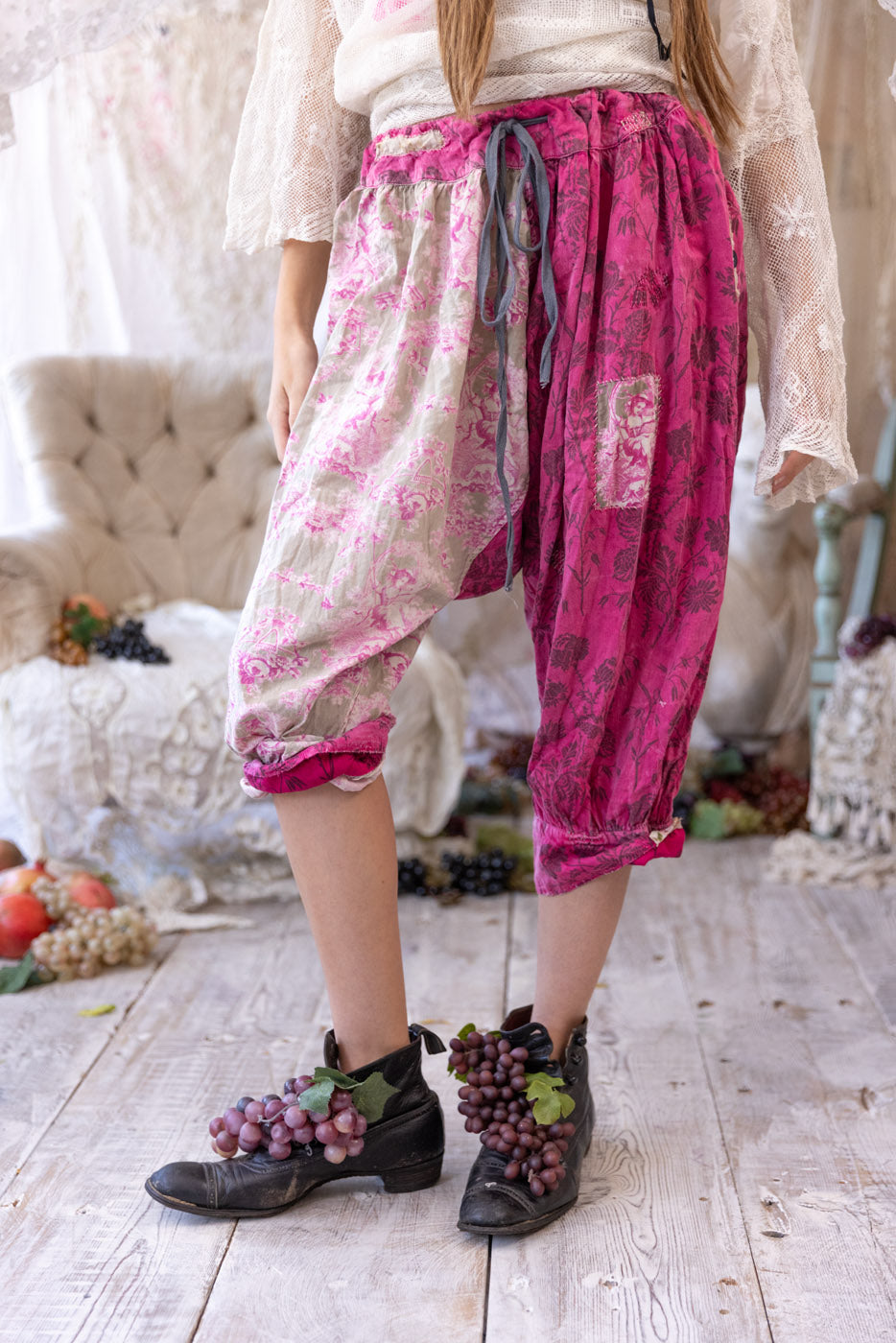 Magnolia Pearl artisan bloomers in pink patchwork vintage style, whimsical grapes on shoes