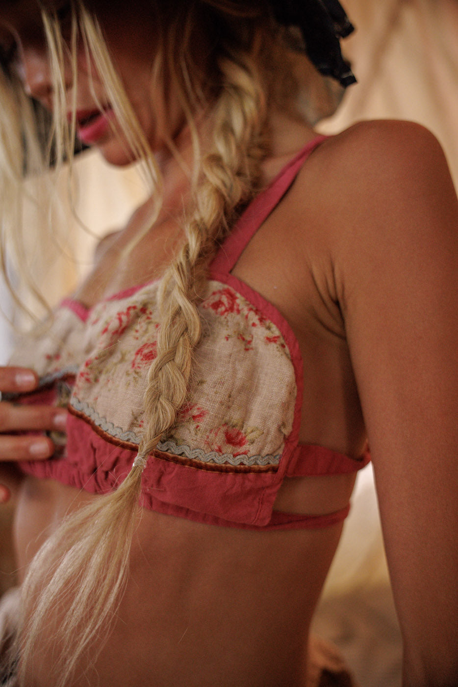 Magnolia Pearl artisan floral crop top with cat patch, whimsical vintage style fashion