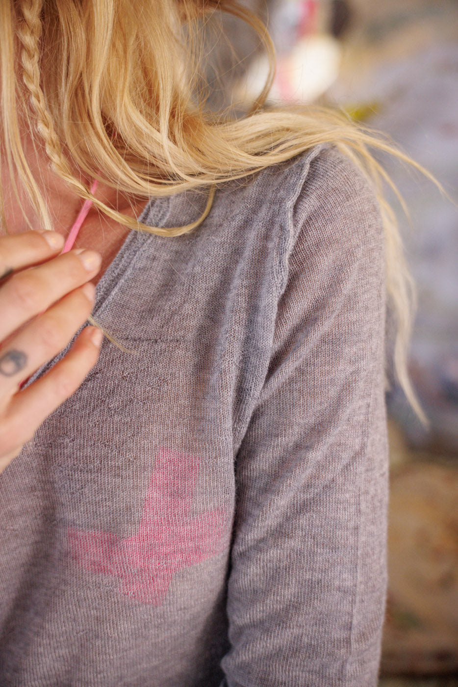 Magnolia Pearl gray artisan cashmere top with pink Texas motif, vintage whimsical style