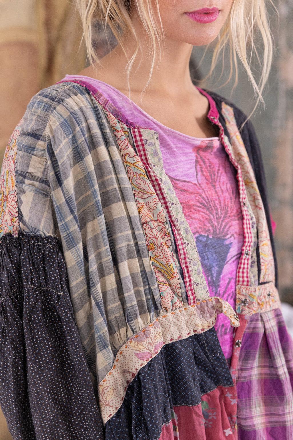 Magnolia Pearl artisan patchwork dress with whimsical vintage floral and plaid design