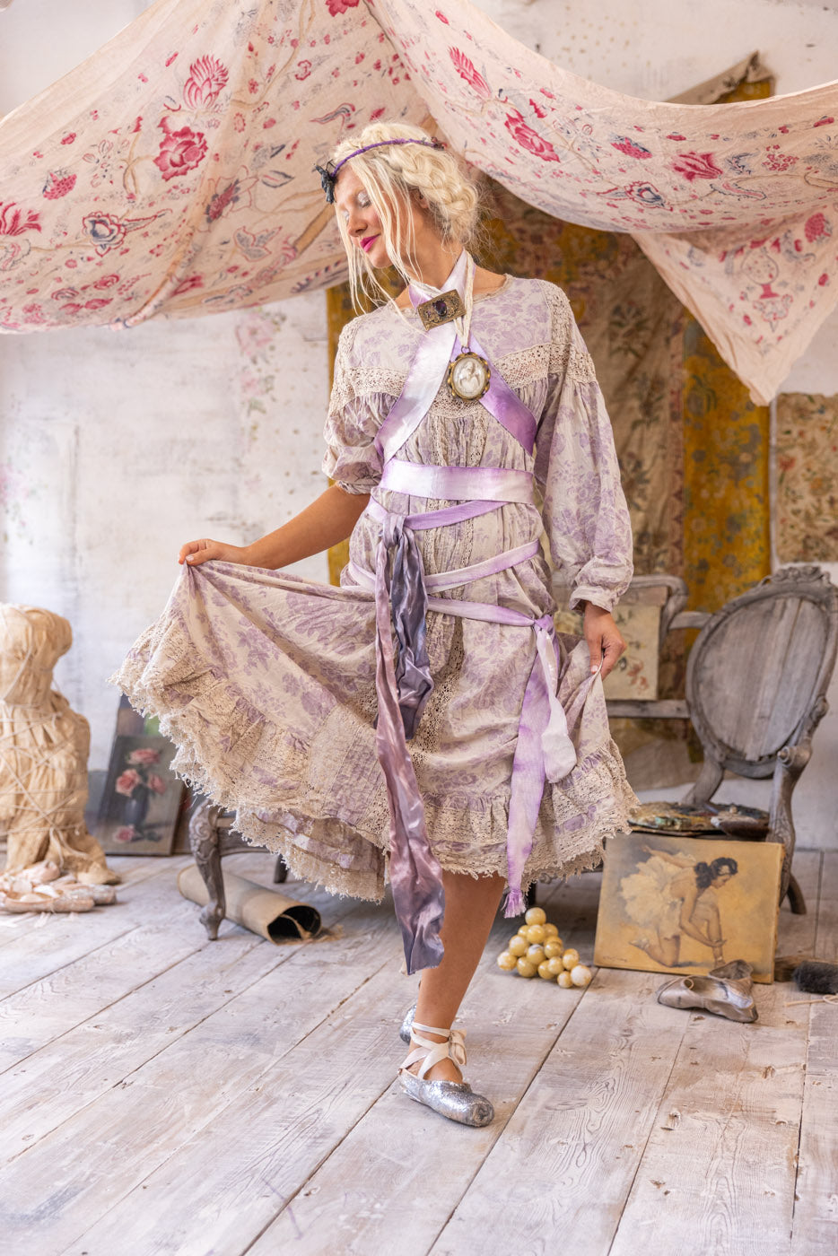 Magnolia Pearl artisan vintage dress with lace, lilac ribbons, and whimsical layered design