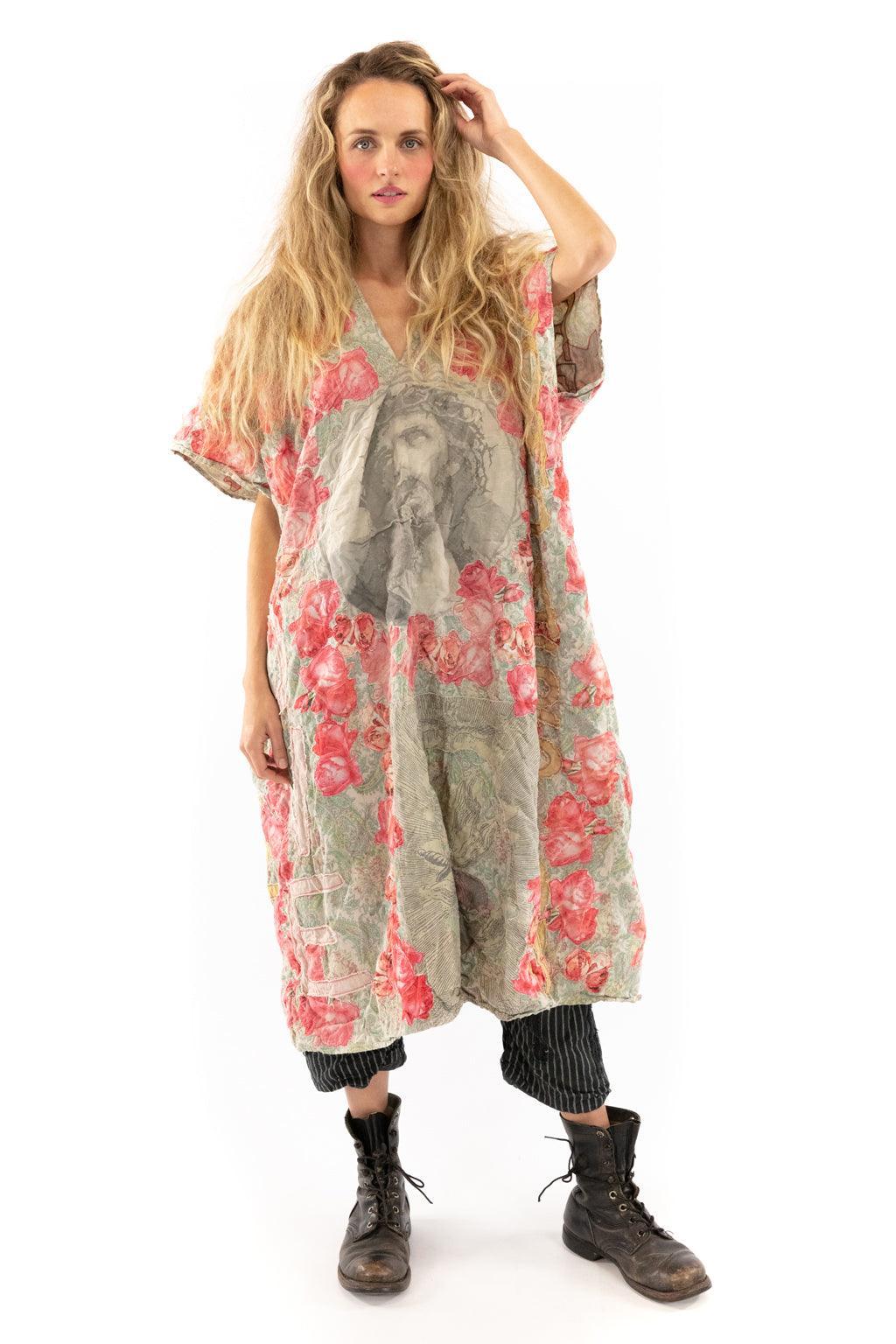 Magnolia Pearl artisan floral dress with vintage Jesus print, whimsical boho style, model pose