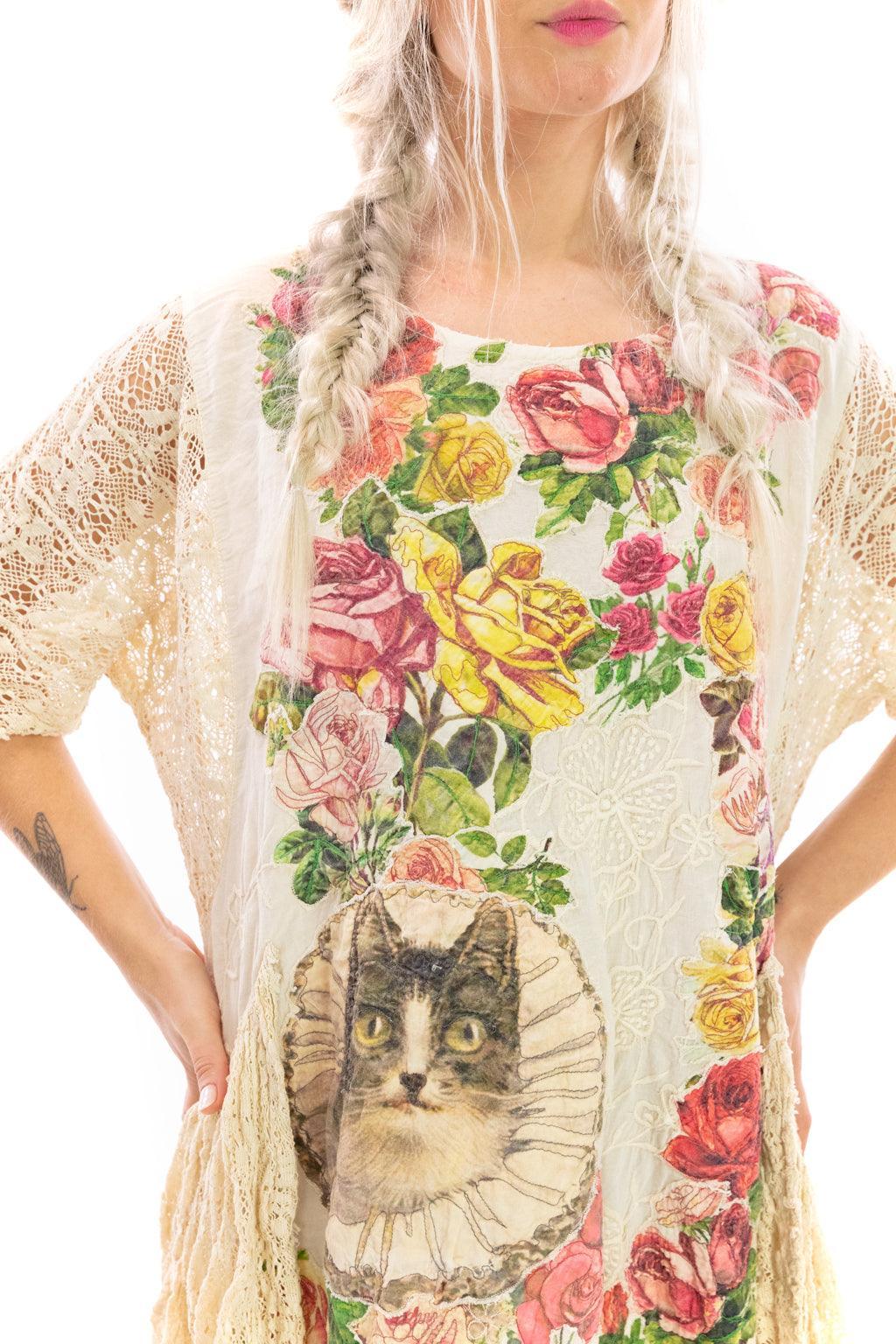 Magnolia Pearl artisan floral vintage lace dress with cat print, whimsical boho fashion