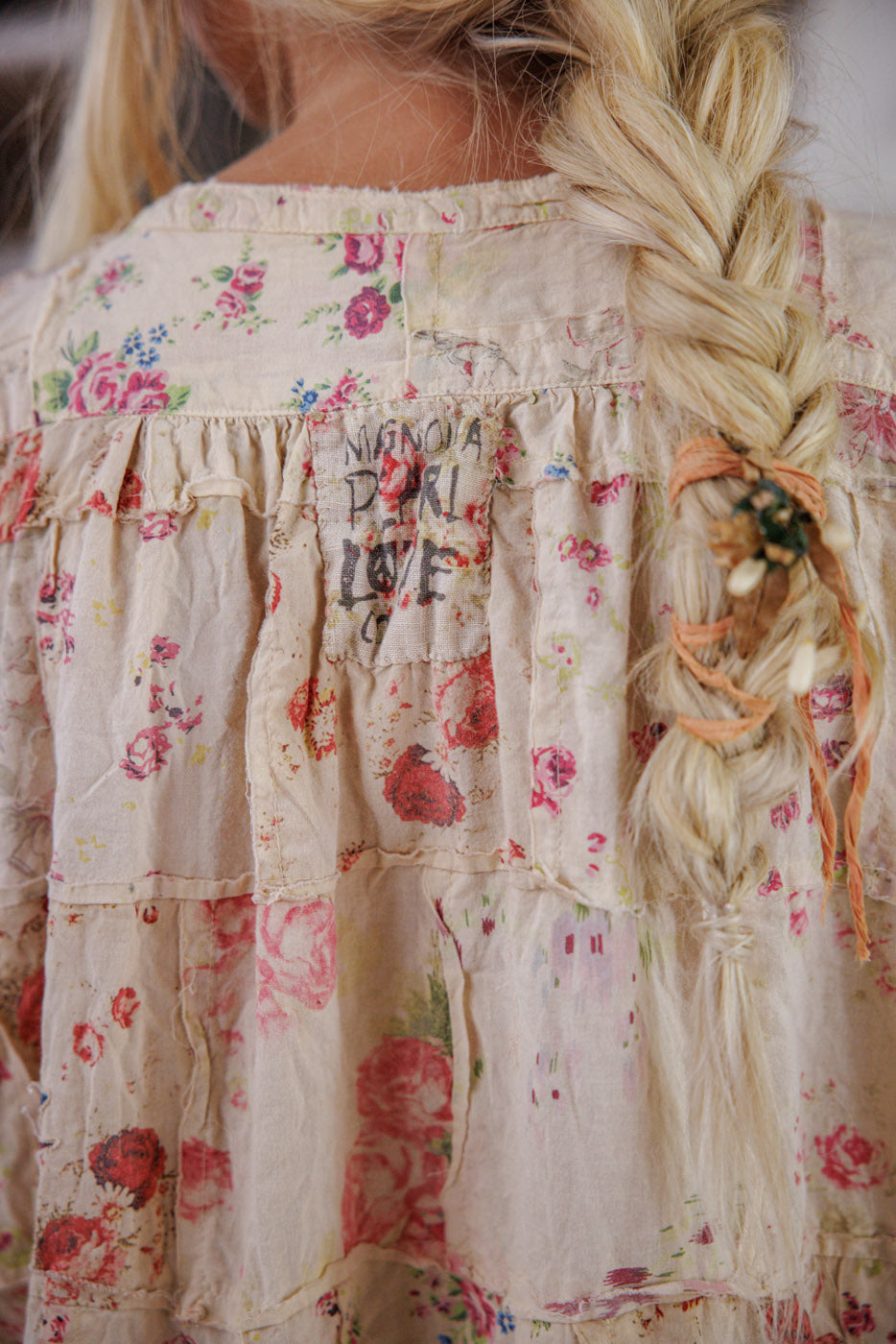 Magnolia Pearl artisan floral dress with vintage patchwork and whimsical boho style details