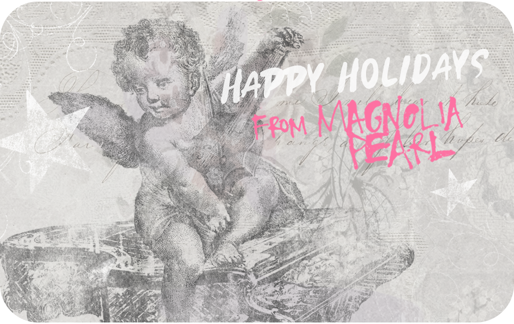 Whimsical vintage-inspired angel holiday card with Magnolia Pearl artisan clothing branding