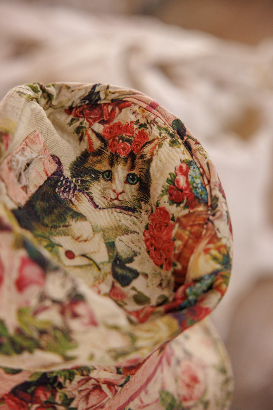 Magnolia Pearl artisan hat with whimsical vintage floral cat print, unique niche clothing design