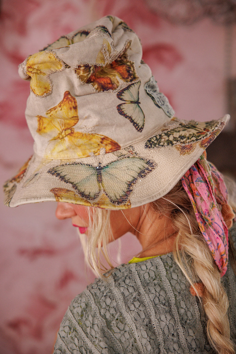 Magnolia Pearl artisan butterfly print hat, whimsical vintage style with boho lace details