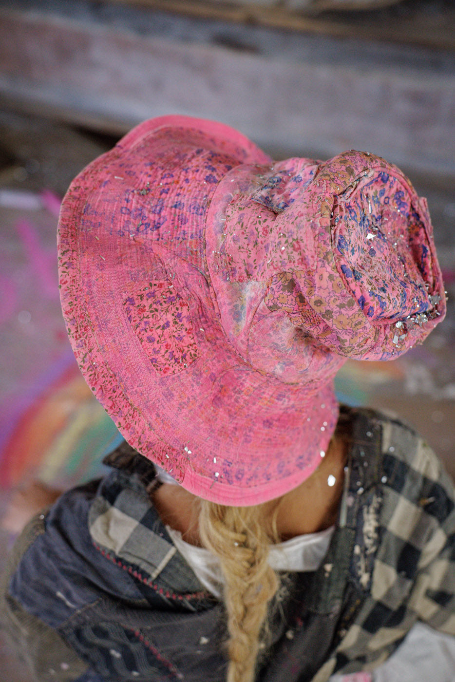 Magnolia Pearl artisan pink patchwork hat with whimsical, vintage style and colorful sequins
