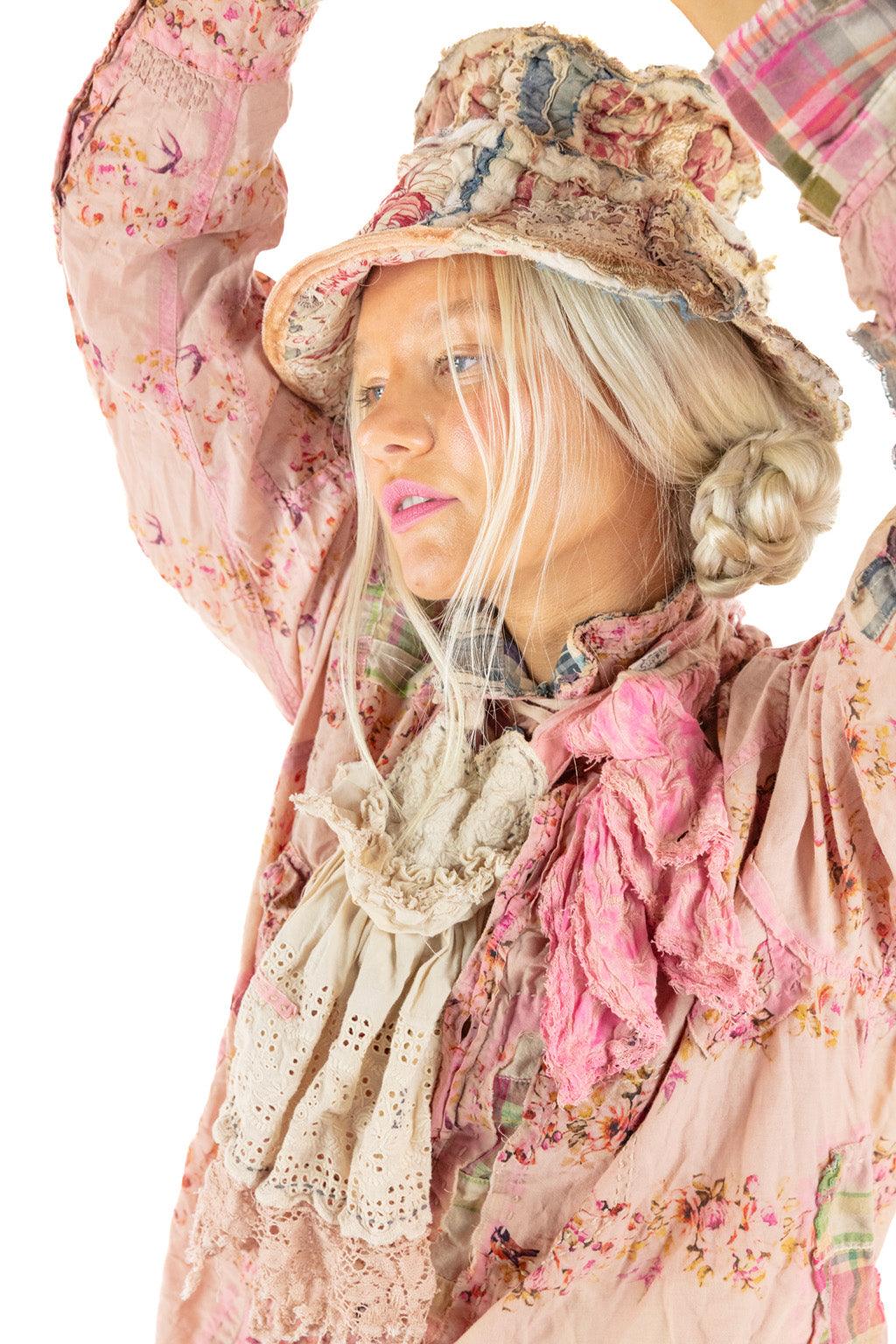 Magnolia Pearl artisan vintage pink floral blouse and patchwork hat, whimsical niche clothing