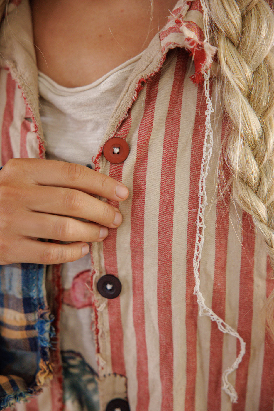 Magnolia Pearl artisan striped vintage jacket with whimsical patchwork, frayed edges, and buttons