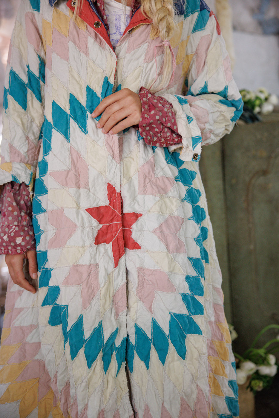 Magnolia Pearl artisan quilted jacket with vintage pastel patchwork and red star design