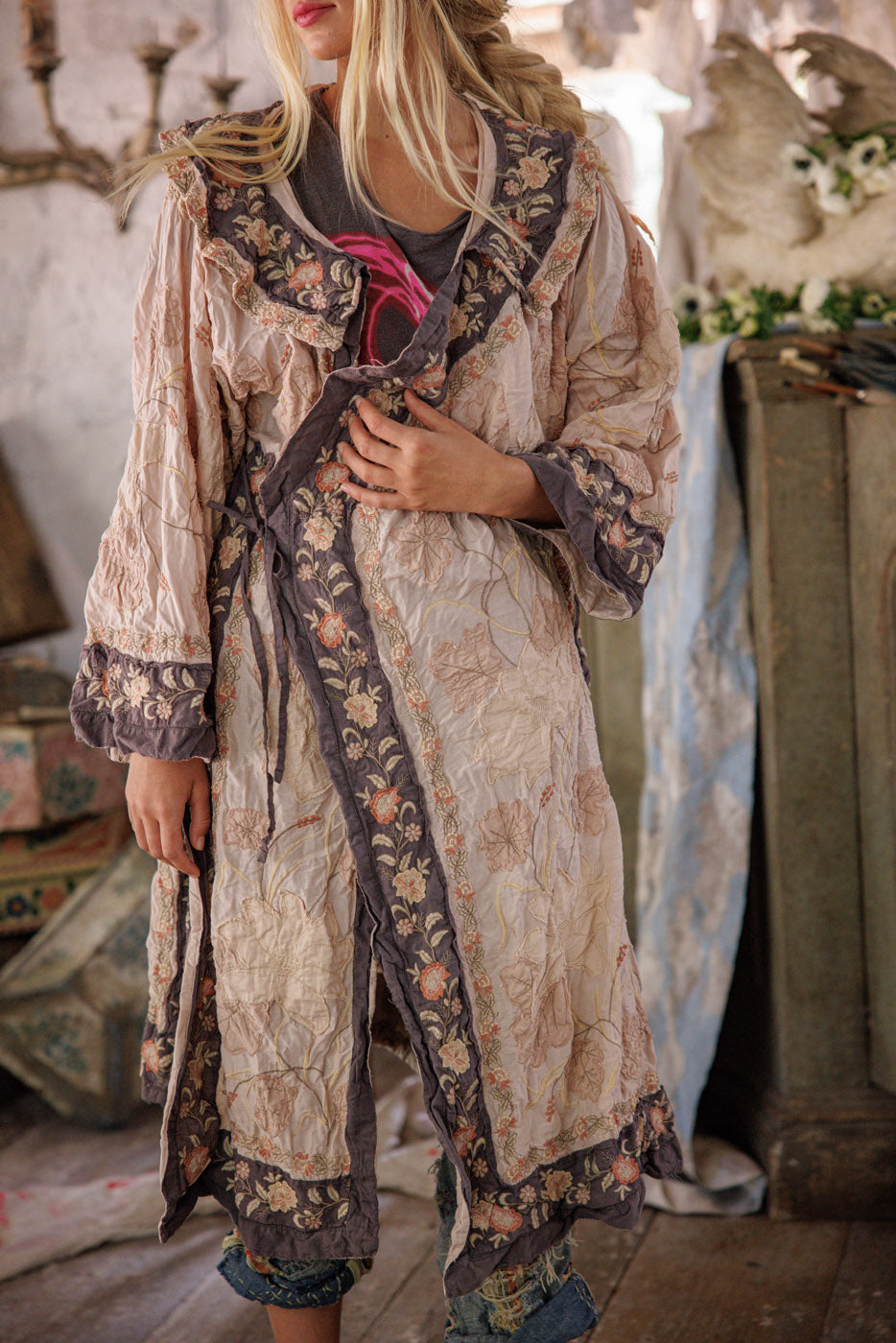 Magnolia Pearl artisan floral embroidered vintage jacket, whimsical patchwork boho style