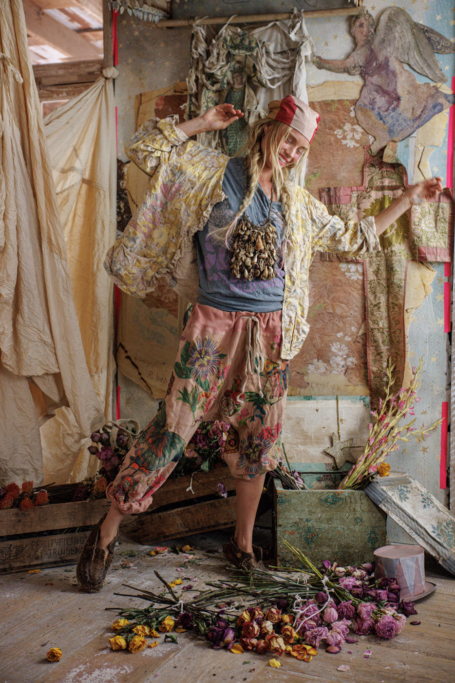 Magnolia Pearl artisan yellow floral quilted jacket with lace trim, whimsical vintage style