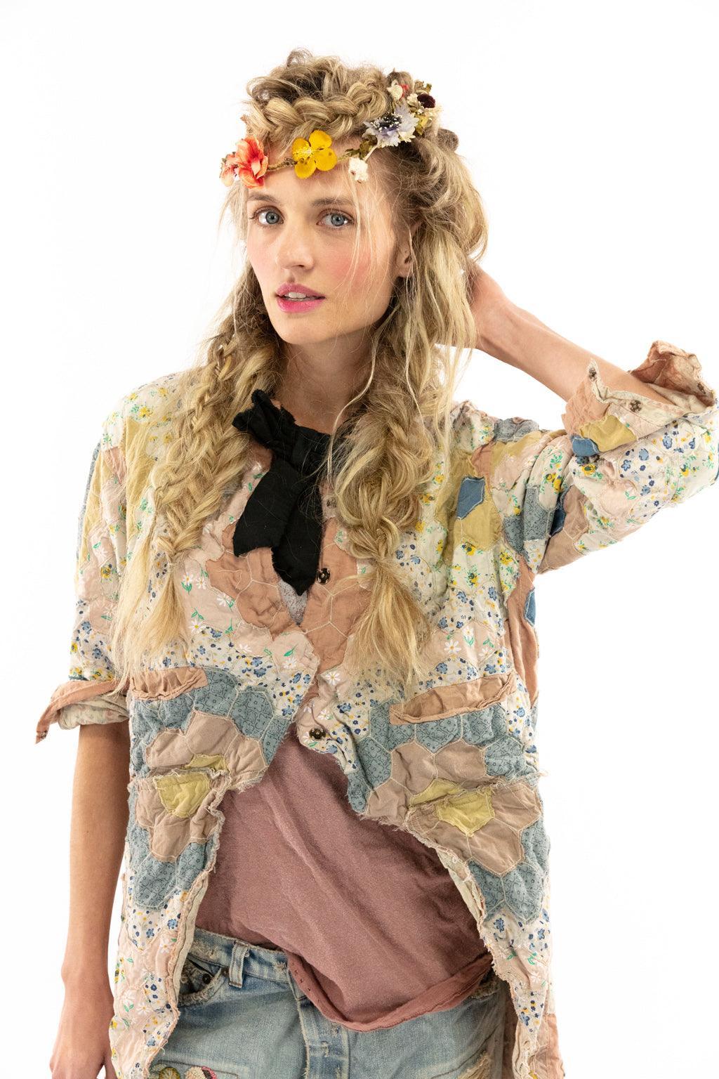 Magnolia Pearl artisan patchwork jacket and embroidered jeans, vintage whimsical style fashion