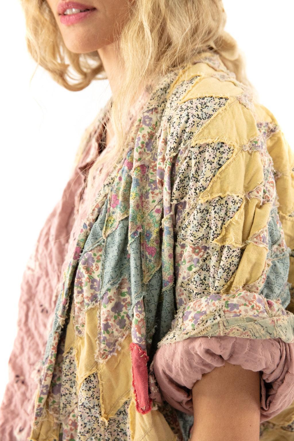 Magnolia Pearl artisan patchwork jacket, vintage pastel quilt style, whimsical boho fashion
