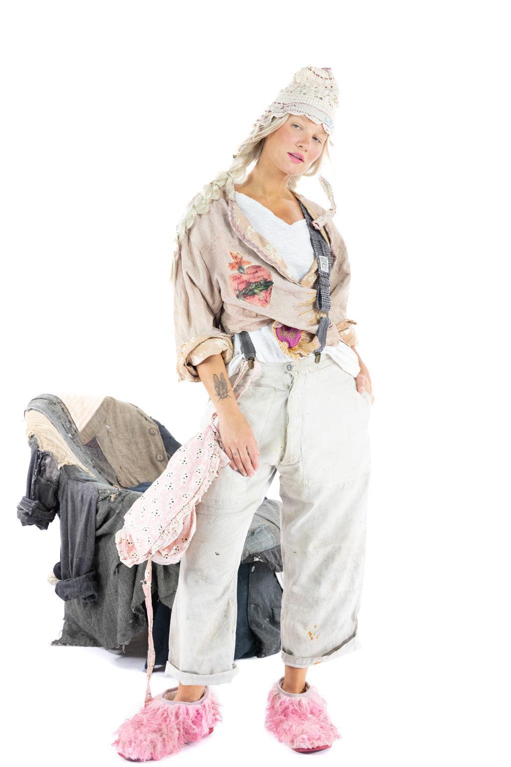 Magnolia Pearl model in artisan vintage jacket with whimsical patches and crochet hat