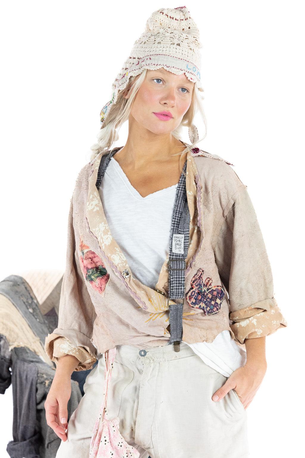 Magnolia Pearl model in artisan vintage jacket with whimsical patches and crochet hat