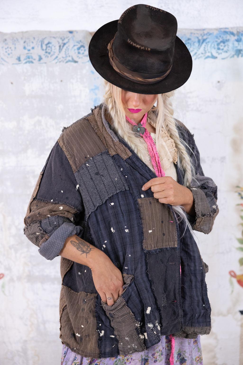 Woman in Magnolia Pearl artisan patchwork jacket, vintage boho style, whimsical fashion