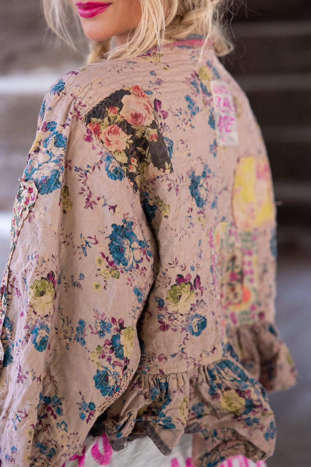 Magnolia Pearl artisan floral jacket, whimsical vintage style, ruffled hem, unique patchwork