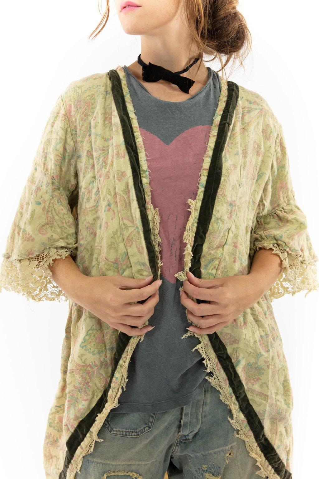 Magnolia Pearl artisan jacket with lace, vintage patchwork pants, heart tee, whimsical top hat
