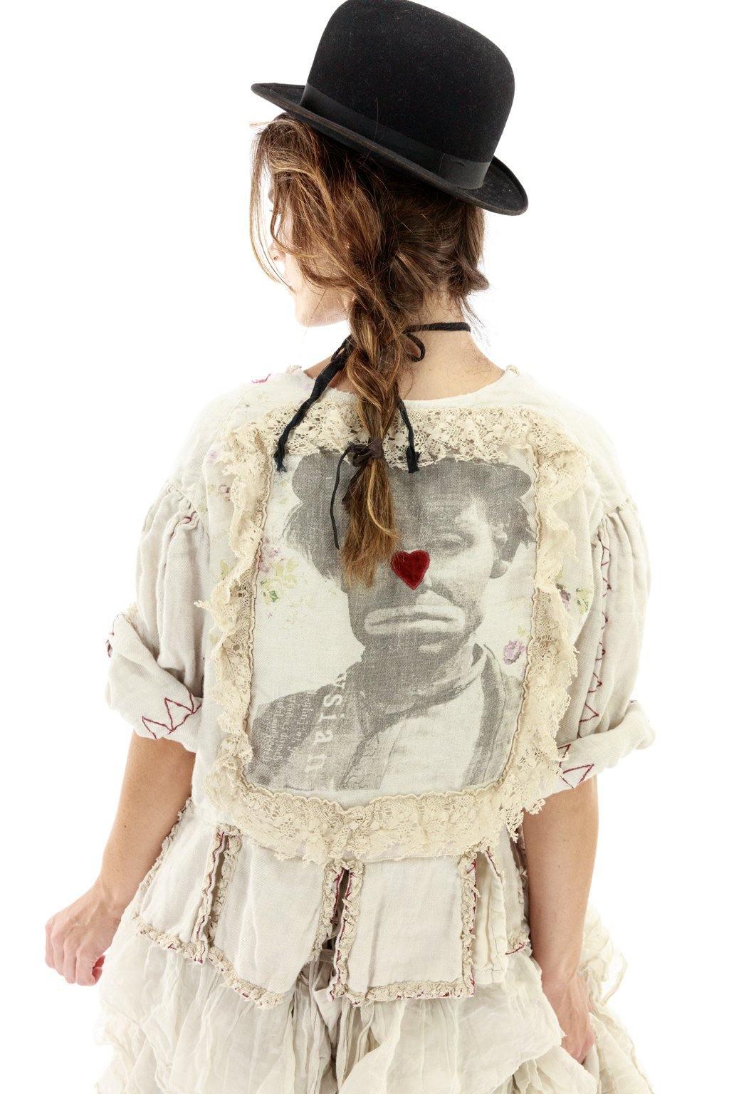 Magnolia Pearl artisan vintage white jacket with red stars and ruffle trim, whimsical style