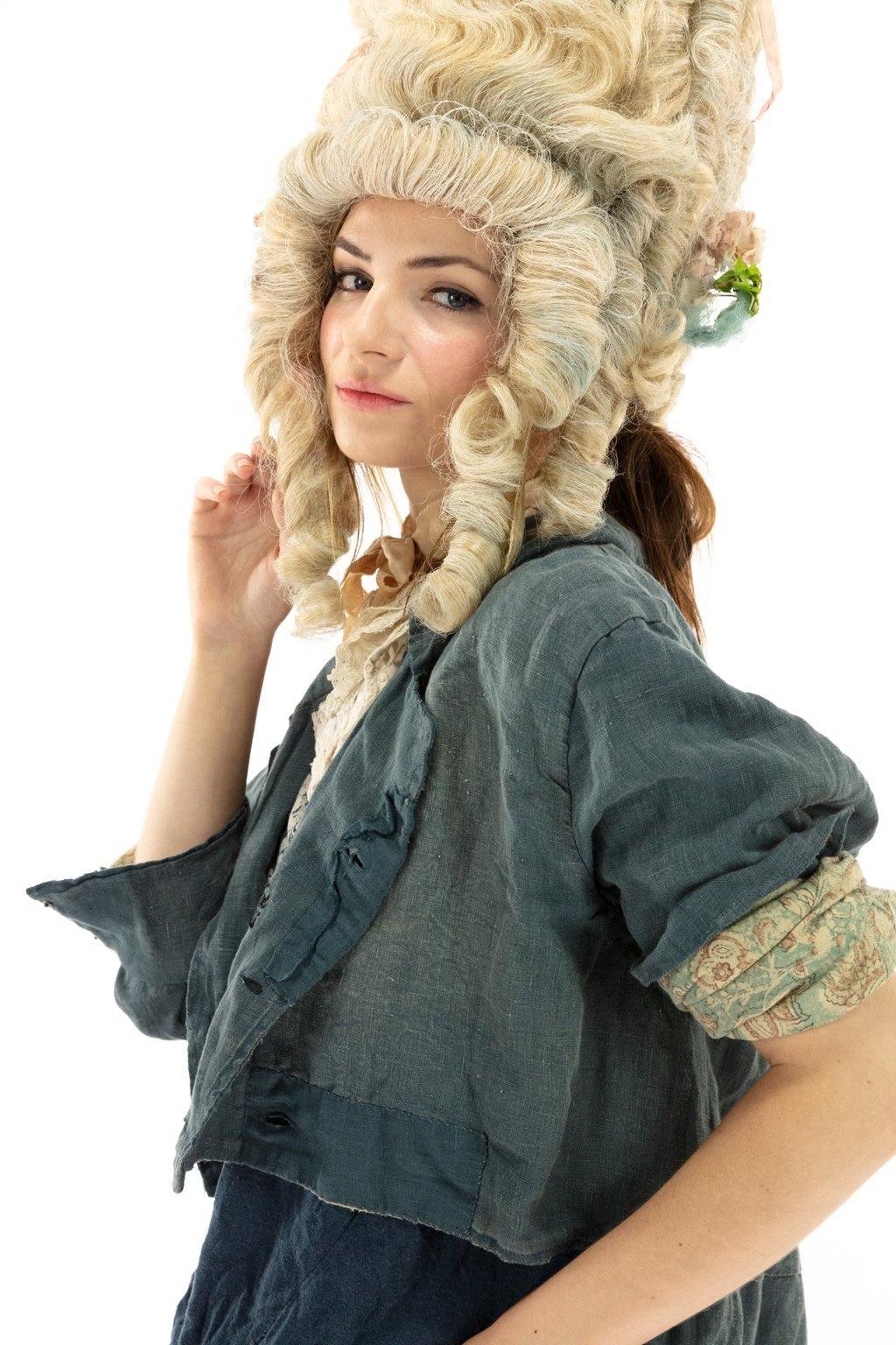 Magnolia Pearl artisan vintage jacket with whimsical back print, model in textured knit hat