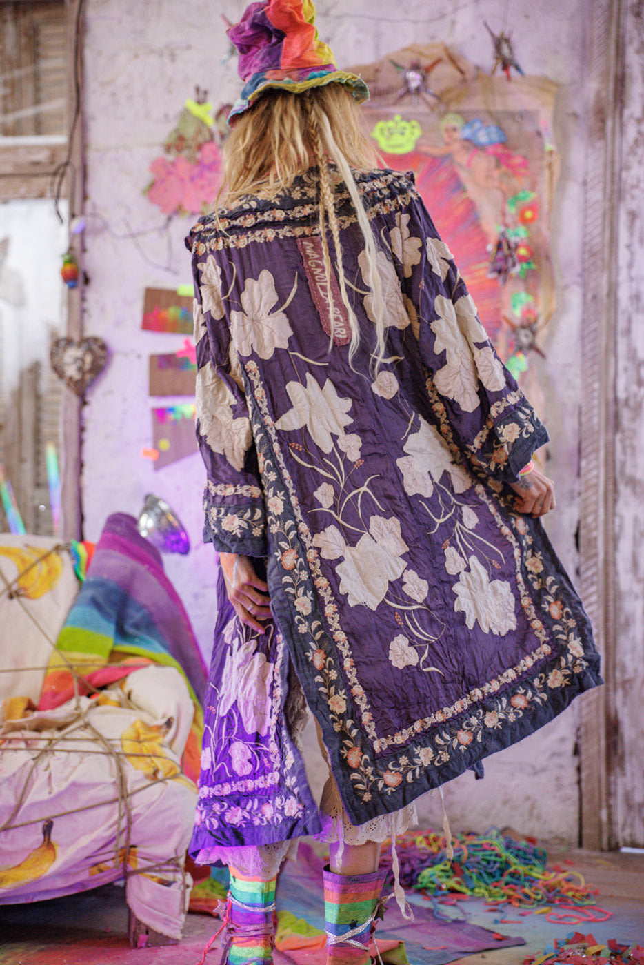 Magnolia Pearl artisan floral jacket with vintage style, whimsical rainbow hat, boho decor