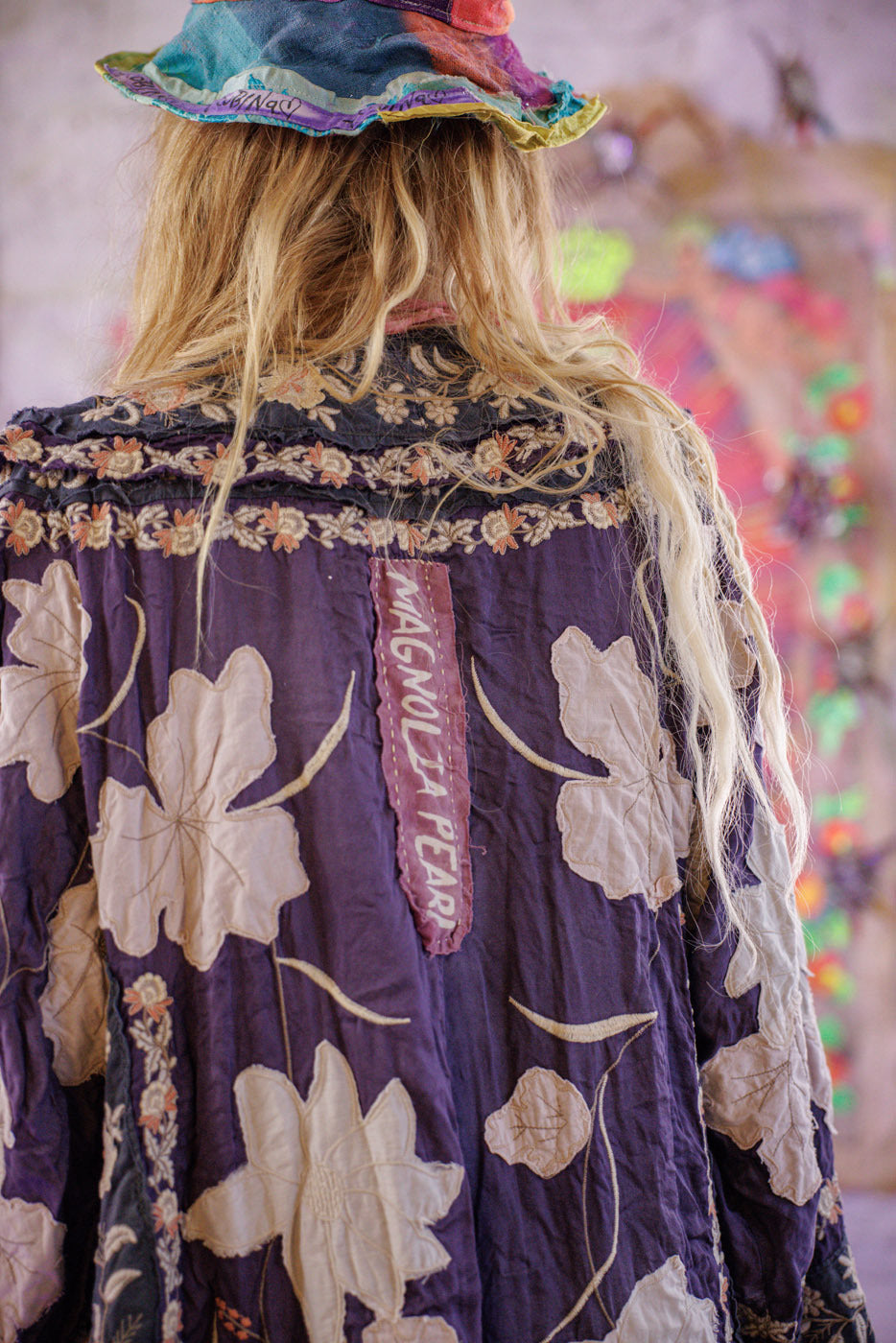 Magnolia Pearl vintage artisan jacket with floral applique, whimsical boho and unique style