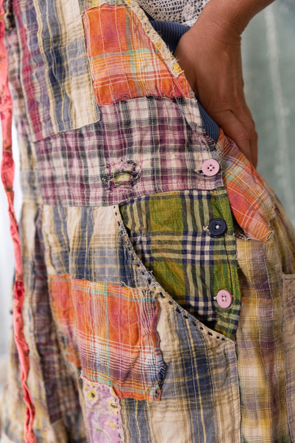 Magnolia Pearl artisan patchwork overalls with colorful plaid, vintage distressed style