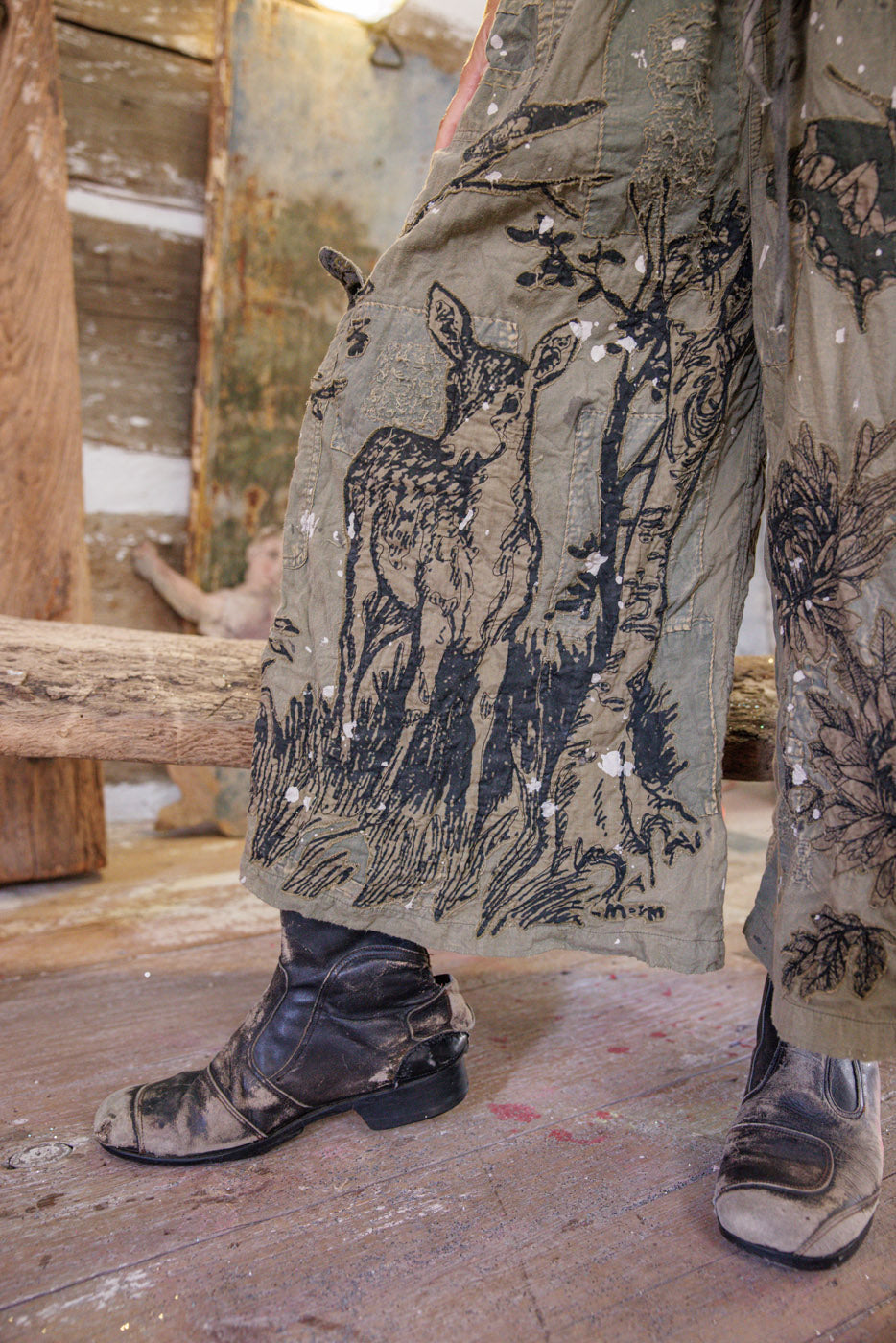Mother Nature Coveralls Magnolia Pearl Clothing, green color with embroidered butterflies and deer prints and roses.
