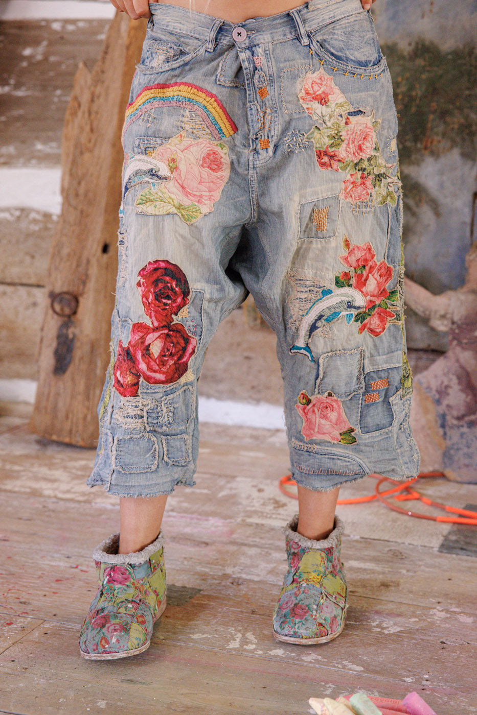 Daphne French Cut Denim Magnolia Pearl Clothing rainbow print, roses embroidery. Funky vintage style denims.