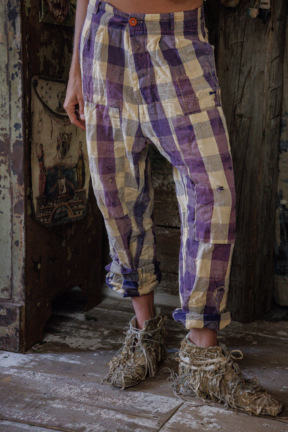 Magnolia Pearl artisan purple plaid pants with vintage distressed details and whimsical shoes