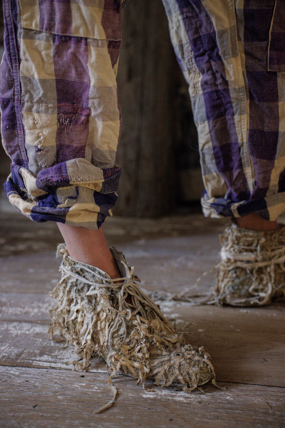 Magnolia Pearl artisan patchwork pants and fringed shoes, whimsical vintage style fashion