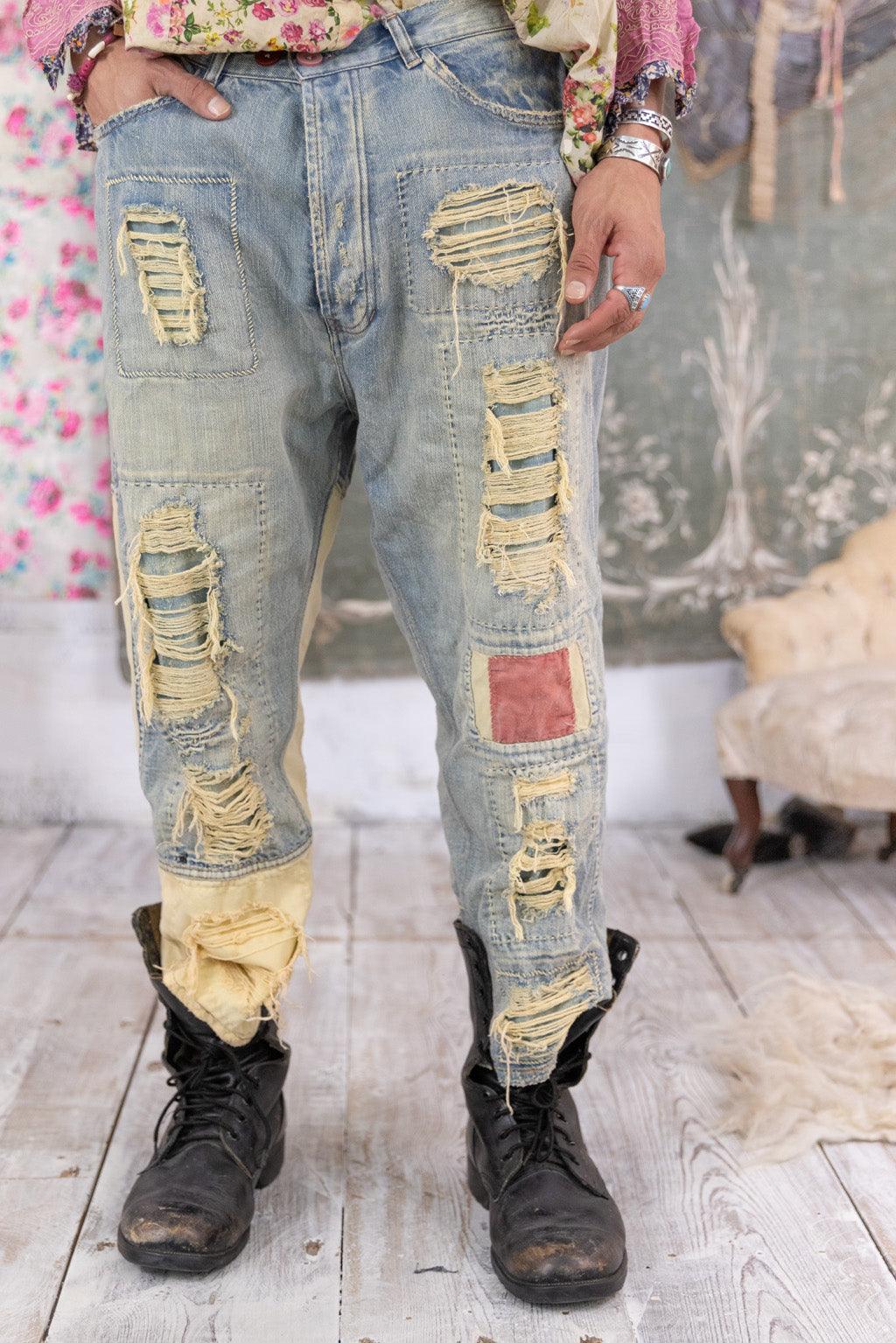 Magnolia Pearl artisan distressed denim pants with patchwork and vintage boots, whimsical style