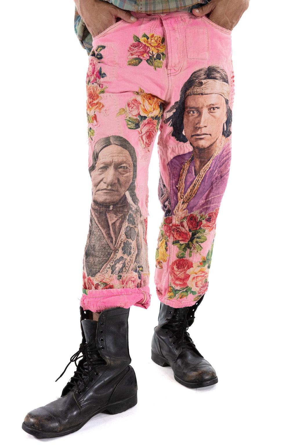 Magnolia Pearl artisan pink pants with vintage floral and portrait prints, whimsical design
