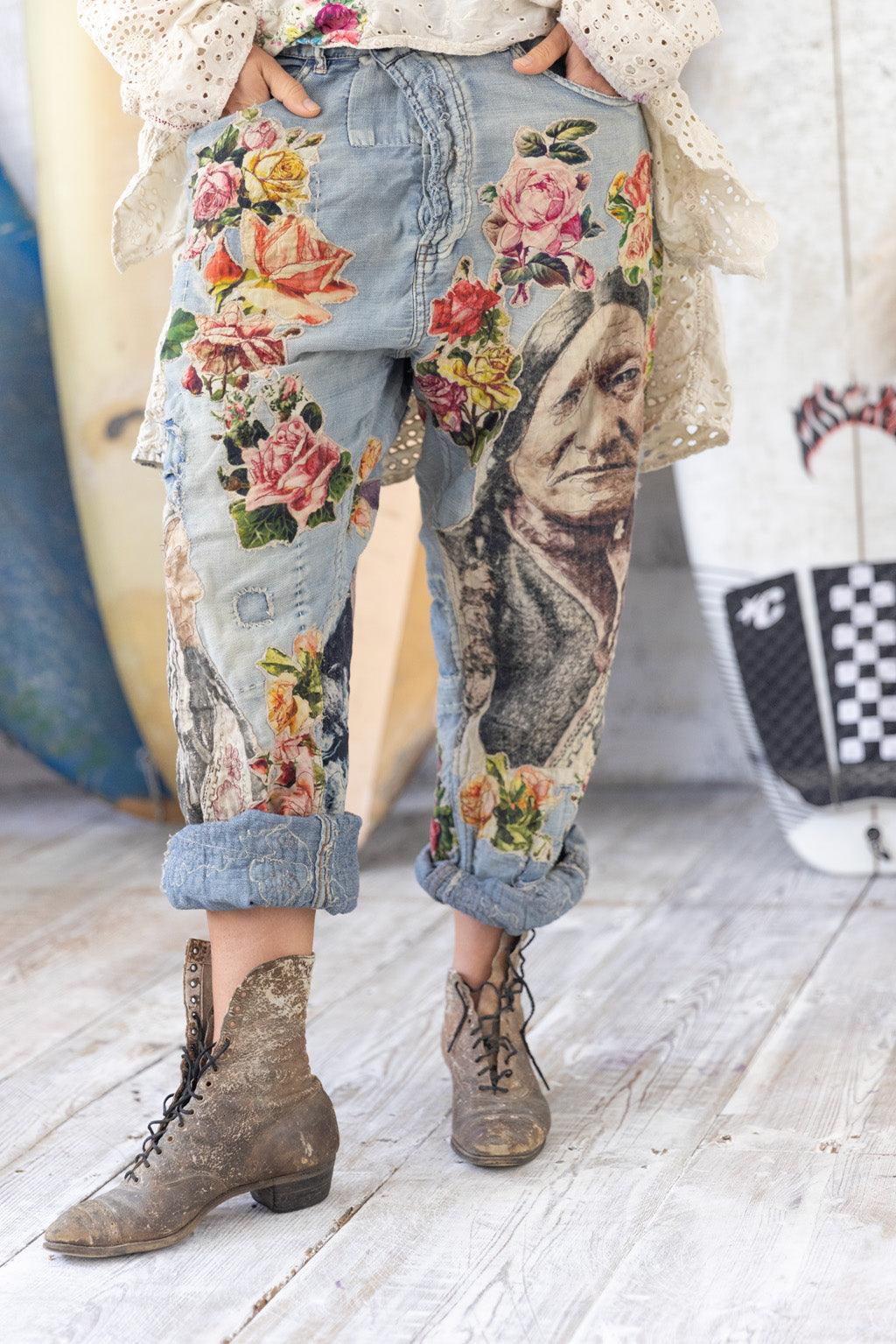 Magnolia Pearl artisan jeans with whimsical floral and vintage face patchwork designs