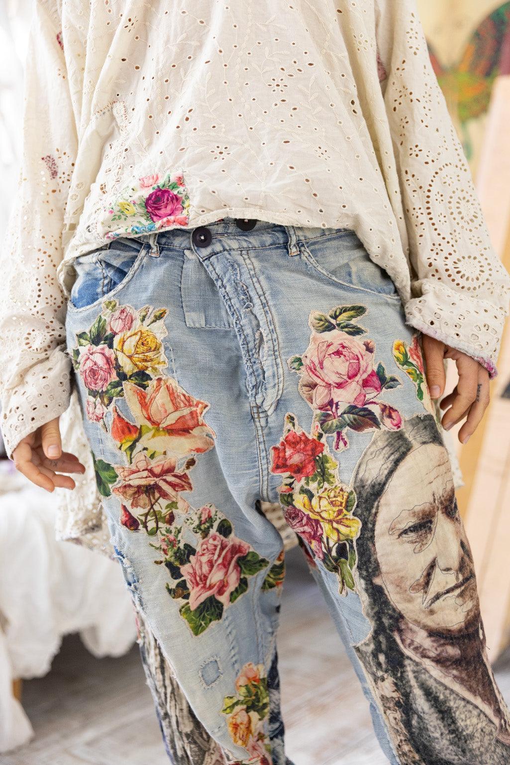 Magnolia Pearl artisan jeans with whimsical floral and vintage face patchwork designs