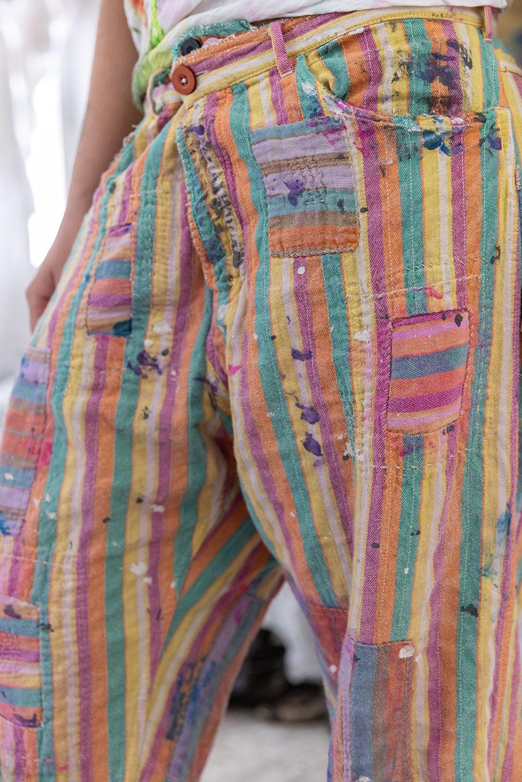 Magnolia Pearl artisan vintage striped pants with whimsical paint splatters and distressed boots