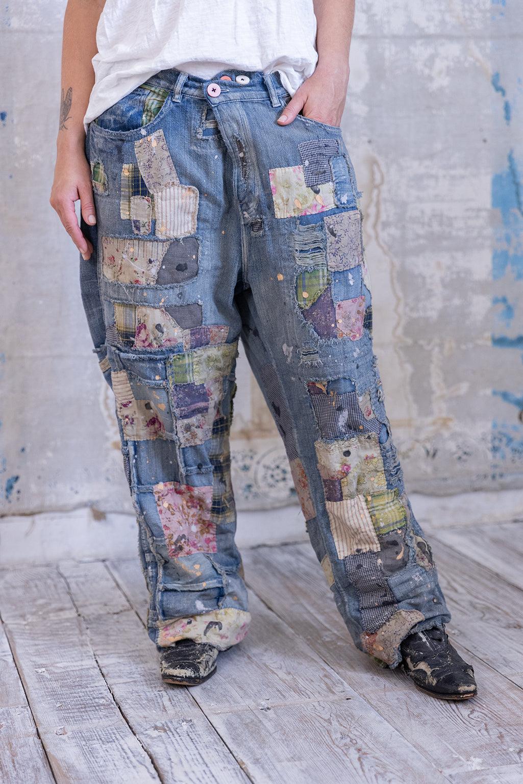 Magnolia Pearl artisan patchwork denim pants with whimsical vintage style and unique design
