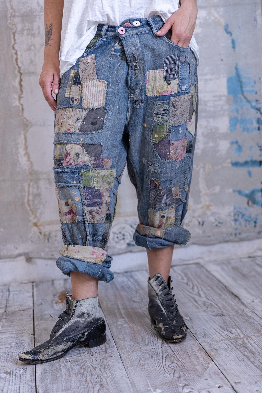 Magnolia Pearl artisan patchwork denim pants with whimsical vintage style and unique design