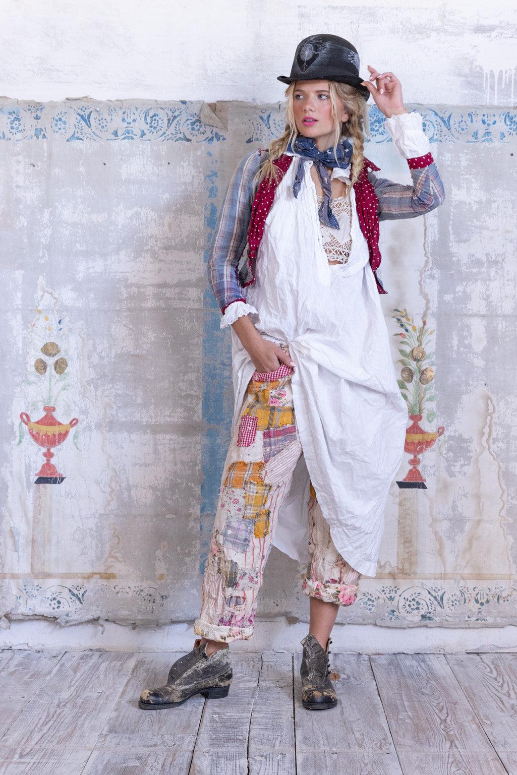 Magnolia Pearl artisan patchwork pants, vintage inspired, whimsical layered boho outfit