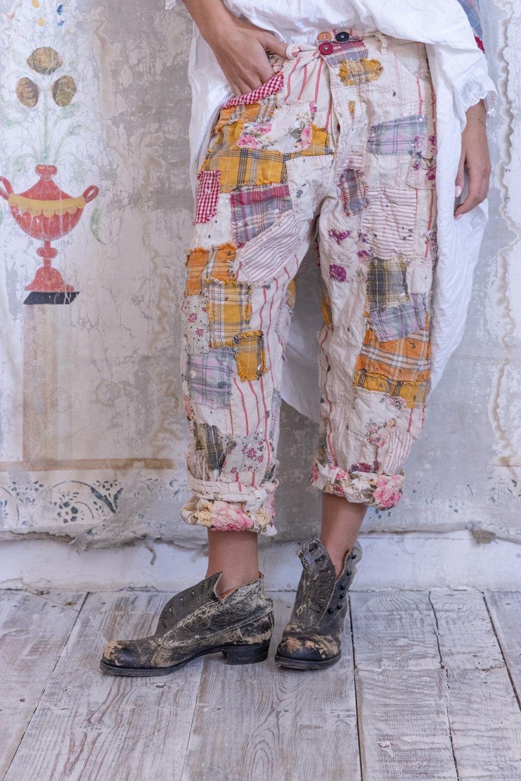 Magnolia Pearl artisan patchwork pants, vintage inspired, whimsical layered boho outfit