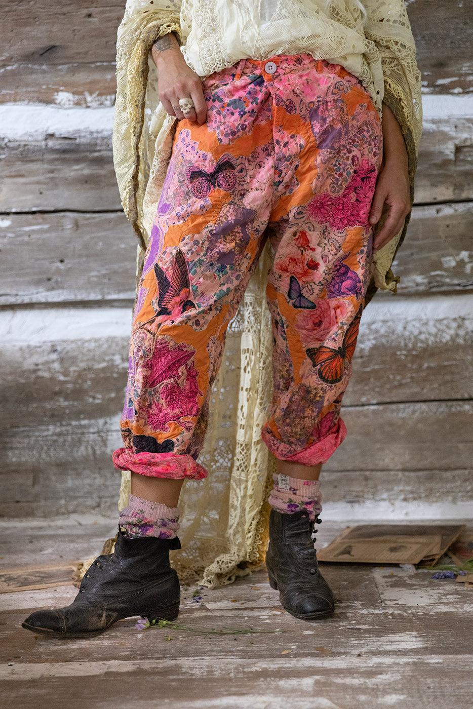 Magnolia Pearl artisan vintage pants with whimsical butterfly floral print, lace top, rustic boots