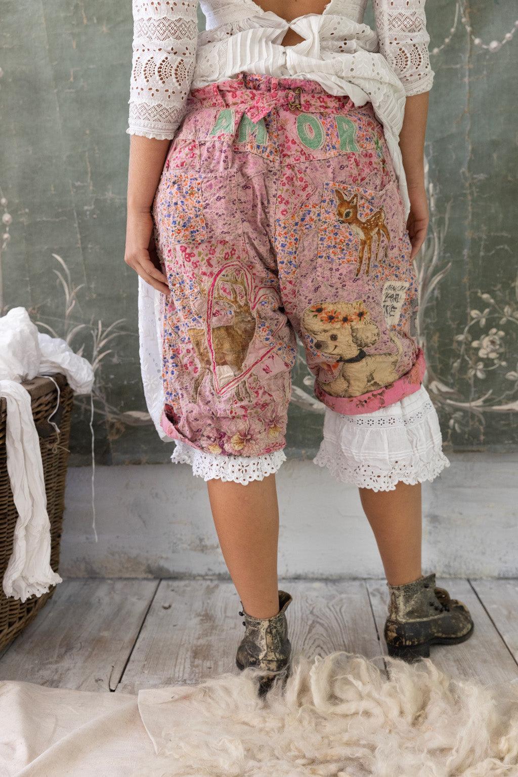 Magnolia Pearl vintage pink artisan shorts with whimsical deer and poodle patches, lace trim