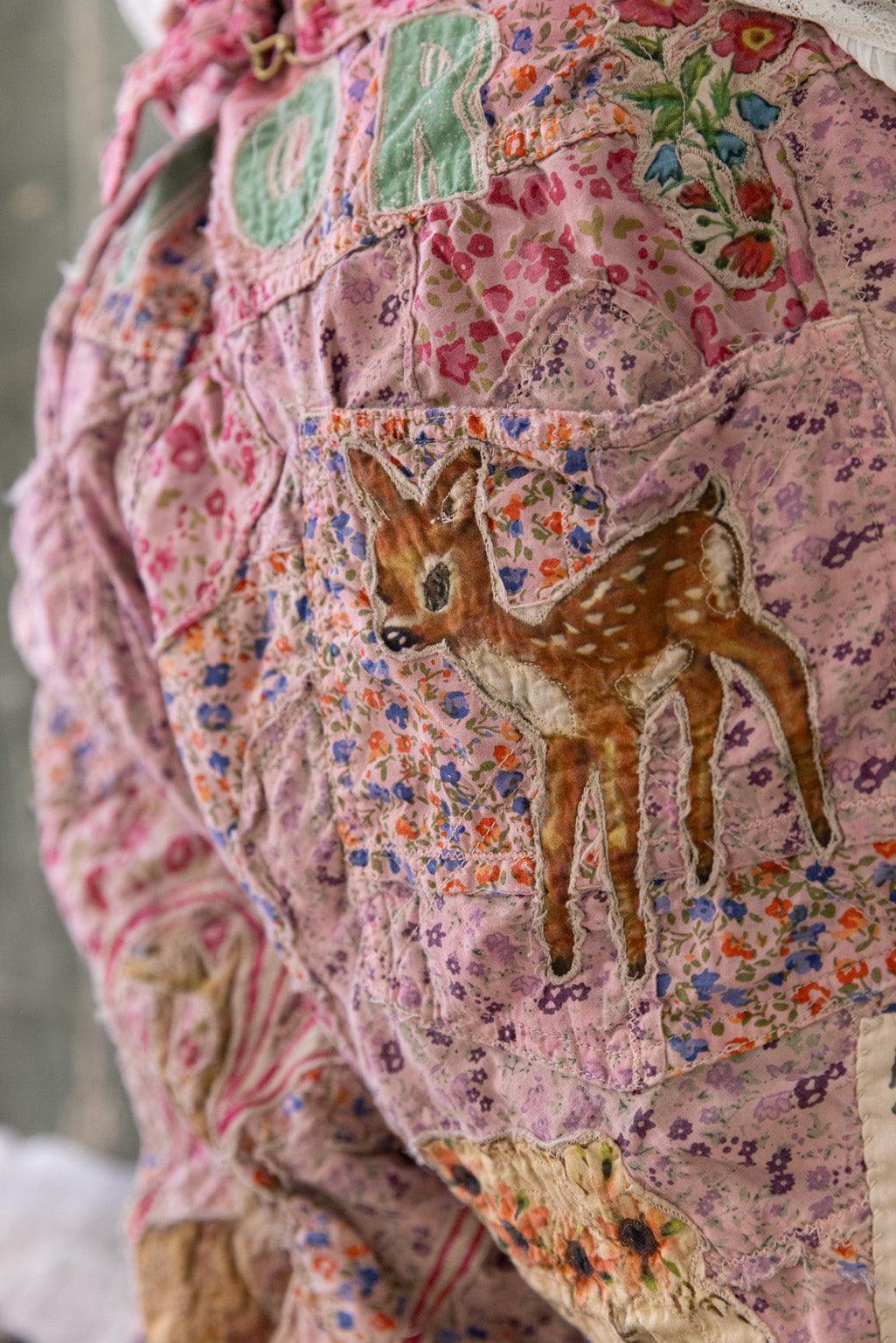 Magnolia Pearl artisan shorts with whimsical deer applique, vintage pink floral patchwork design