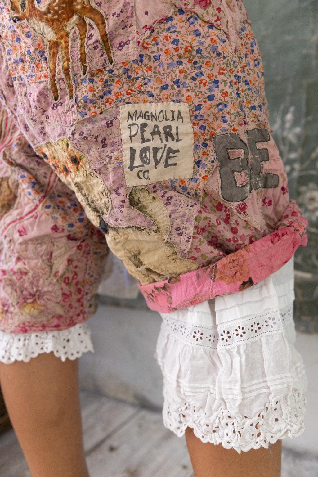 Magnolia Pearl patchwork shorts with whimsical deer applique, vintage florals, and lace trim