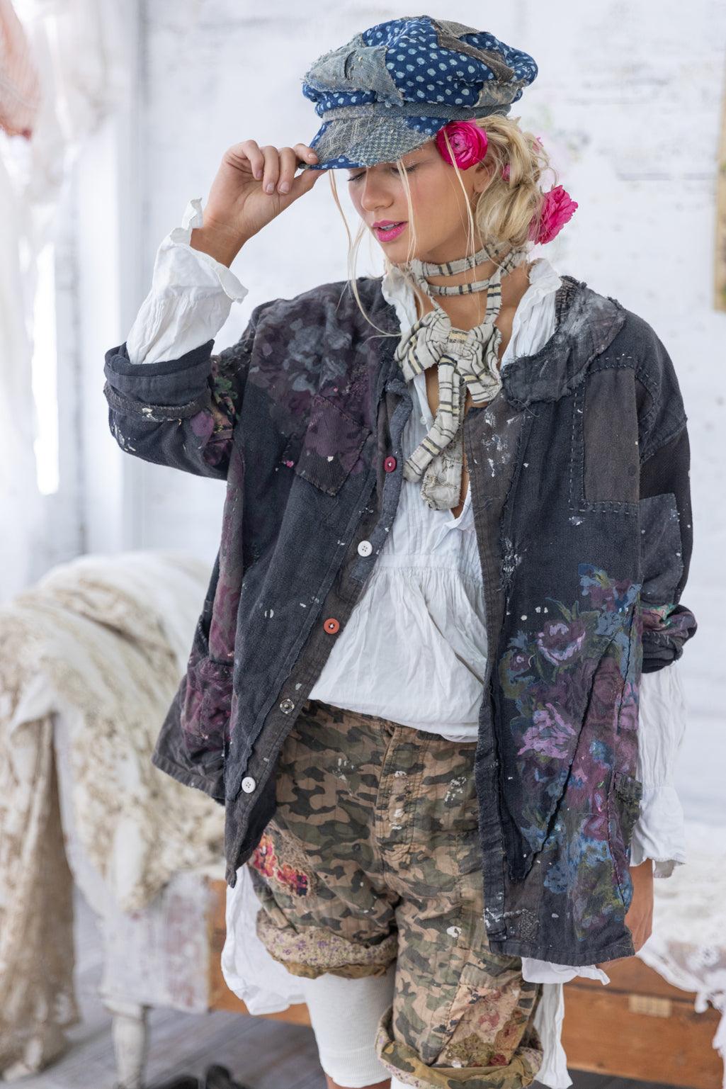 Magnolia Pearl camo patchwork shorts with floral and vintage-inspired distressed details