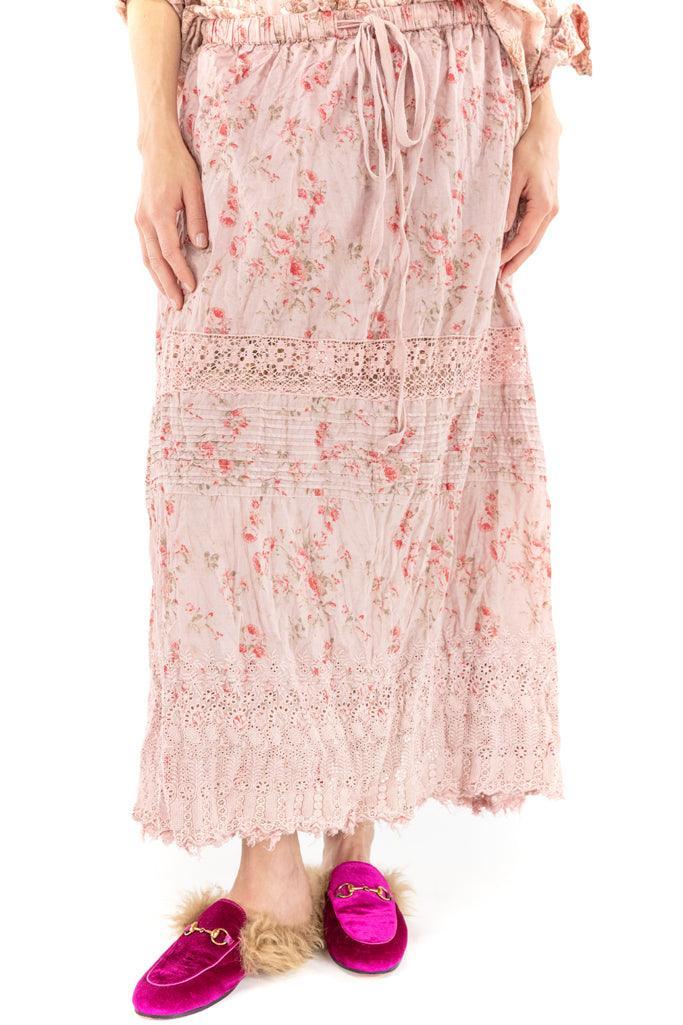Magnolia Pearl pink floral lace vintage skirt and artisan fuchsia slippers, whimsical design