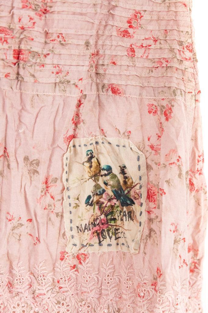 Magnolia Pearl artisan skirt with pink floral pattern, vintage lace, whimsical bird patch